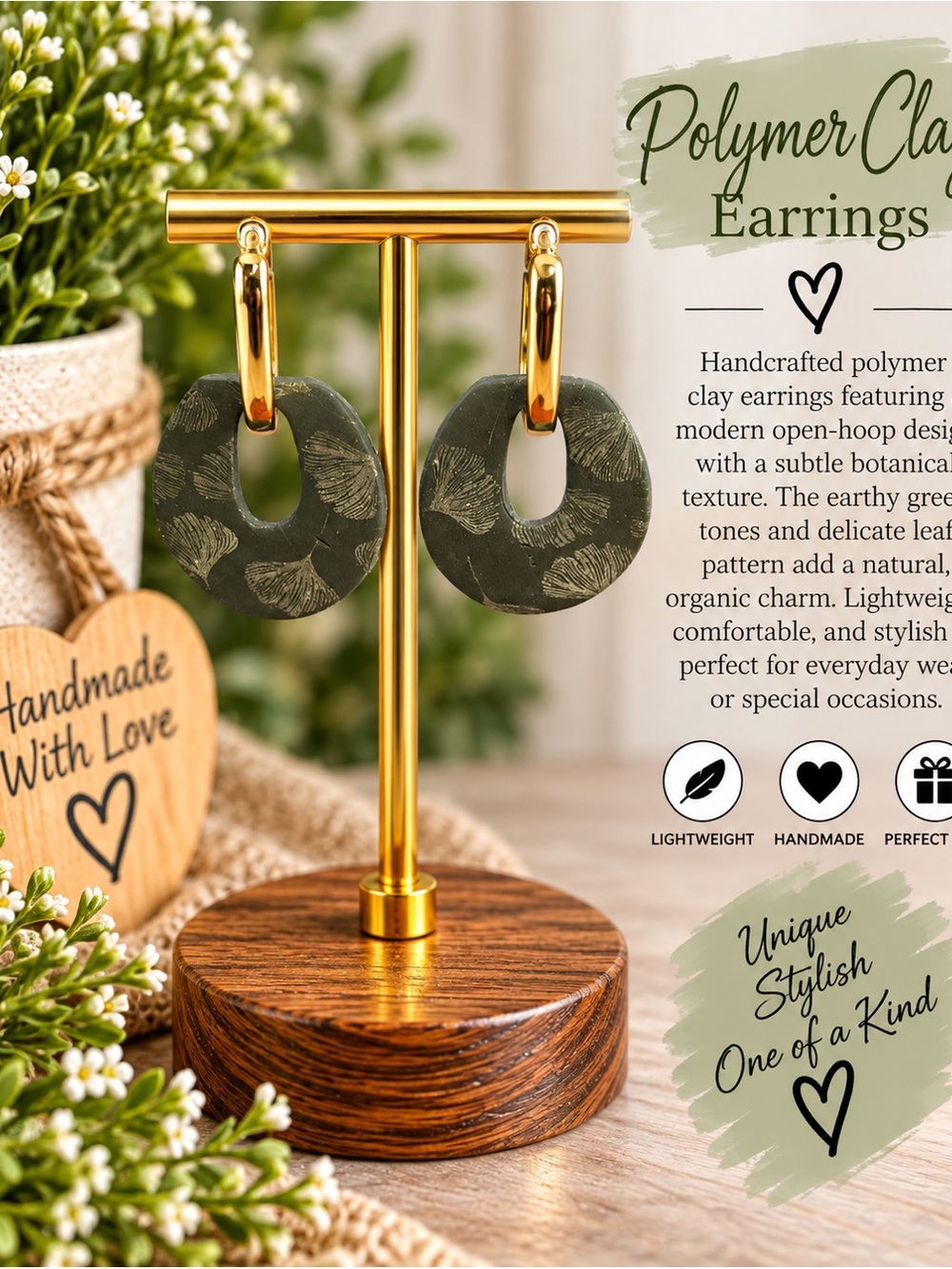 Othr Olive Green Botanical Hoop Earrings with Gold Hoops